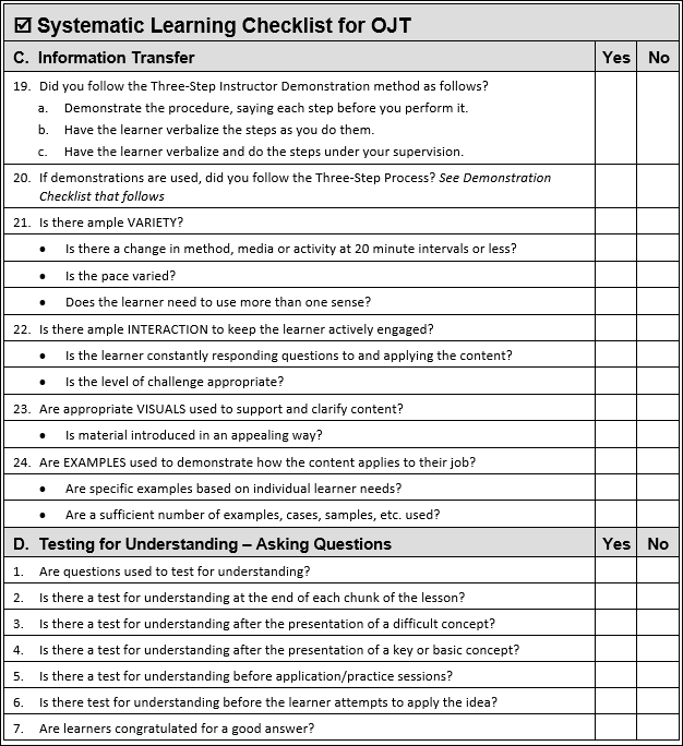 Systematic Learning Checklist for On The Job Training continued